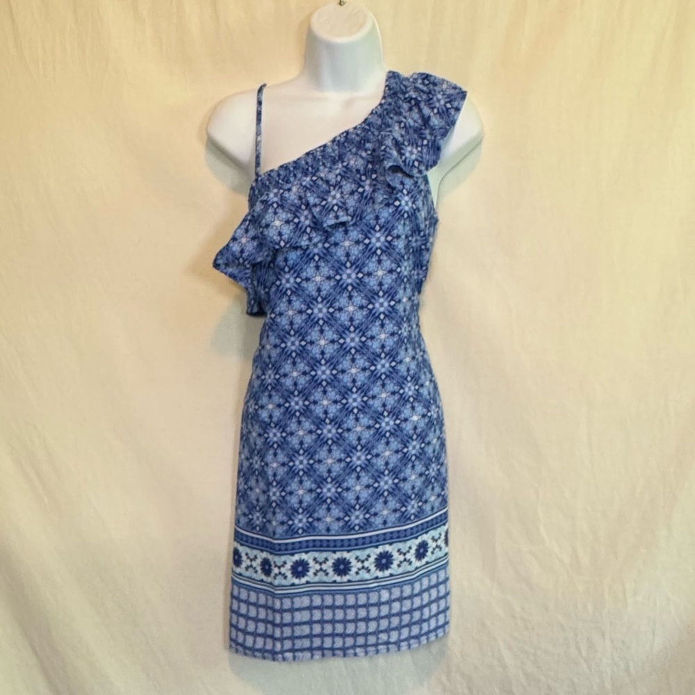 H-73 Skies Are Blue White & Blue Asymmetric Ruffled Lined MIDI Dress Size 8